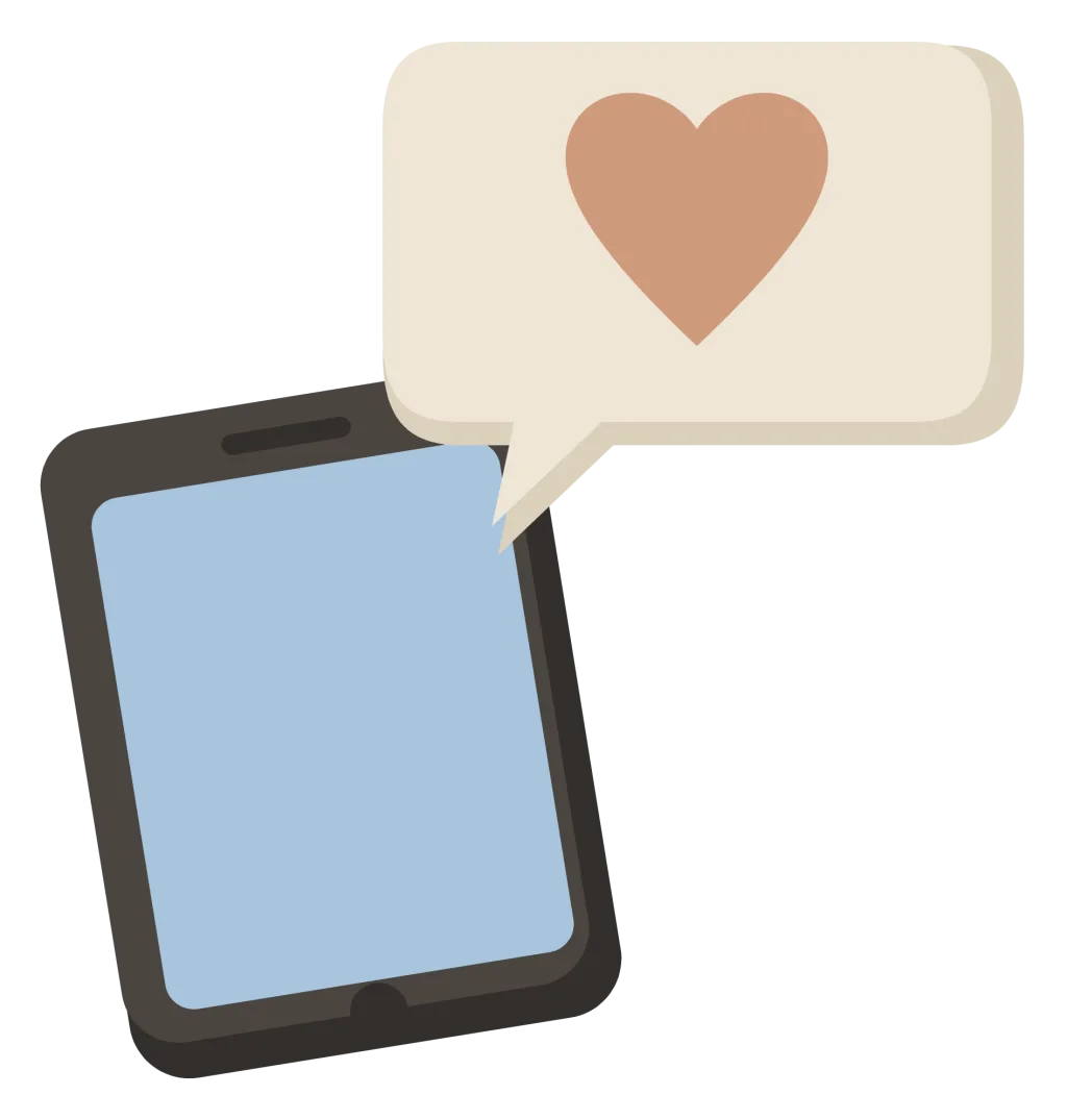 A phone with a speech bubble and a small heart rising from the screen.
