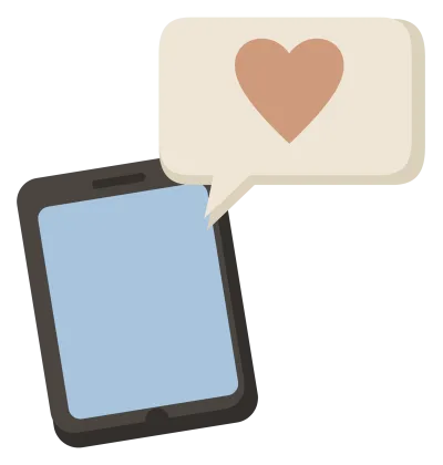 A phone with a speech bubble and a small heart rising from the screen.