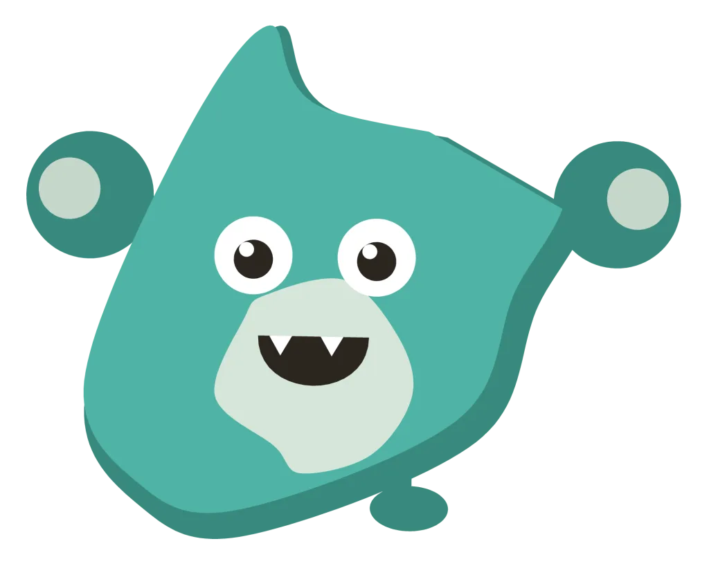 A teal Snip with two round ears, a pale belly and a wide grin showing two small fangs.