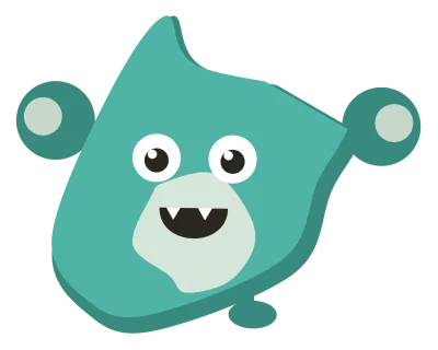 A teal Snip with two round ears, a pale belly and a wide grin showing two small fangs.