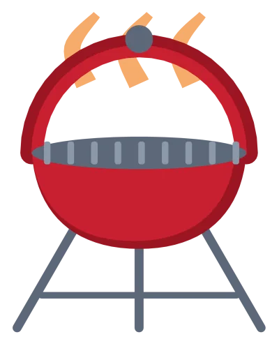 A round charcoal barbecue on three legs with a raised lid, a grill rack and rising heat.