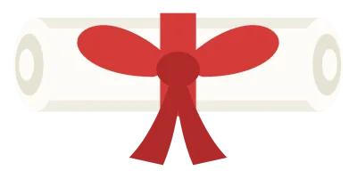 A rolled cream diploma tied with a red ribbon, shown lying horizontally.