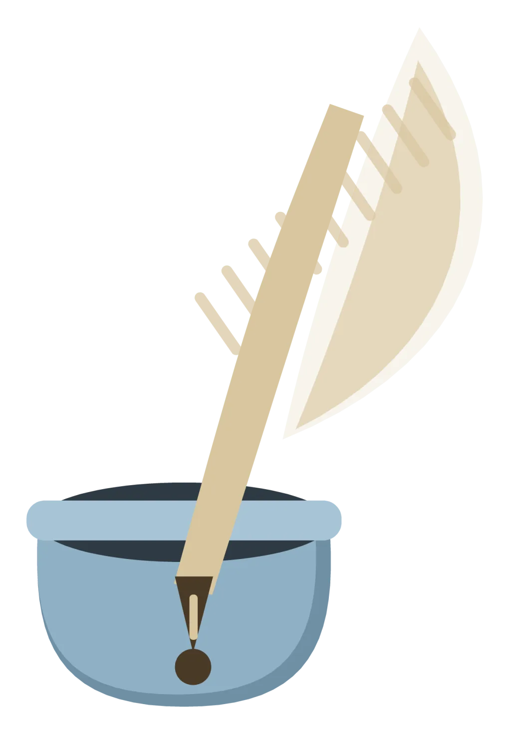 A feather quill standing in a glass inkwell, with a drop of ink at the nib.