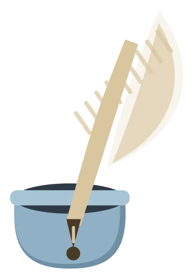 A feather quill standing in a glass inkwell, with a drop of ink at the nib.