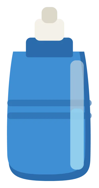 A blue sports water bottle with a pull-top cap, a moulded grip and water showing inside.