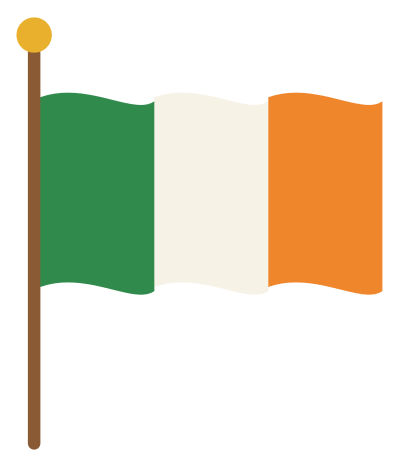 The Irish tricolour in green, white and orange, waving on a brown pole.
