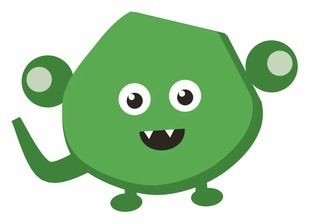 A green Snip with round ears, a curled tail and a wide grin showing two small fangs.
