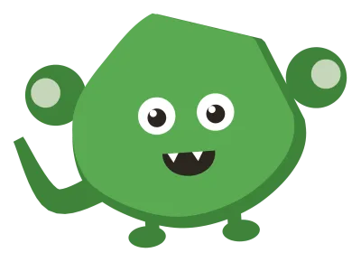A green Snip with round ears, a curled tail and a wide grin showing two small fangs.