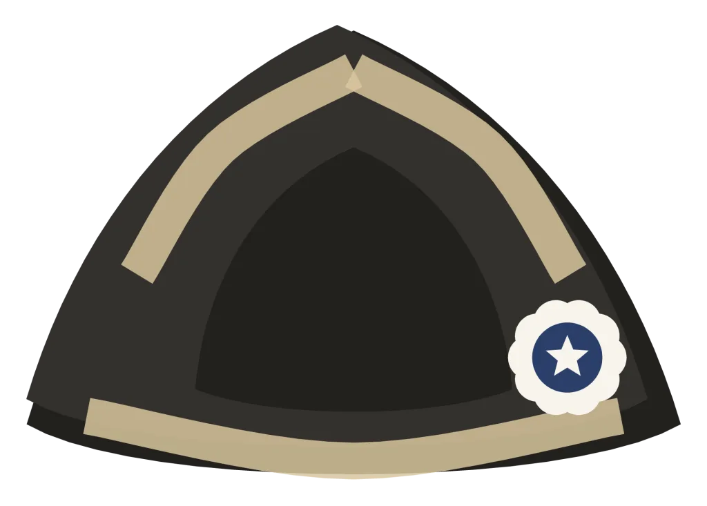 A black tricorn hat seen from the front, with the brim turned up on three sides and a cockade at one corner.