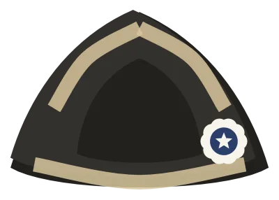 A black tricorn hat seen from the front, with the brim turned up on three sides and a cockade at one corner.