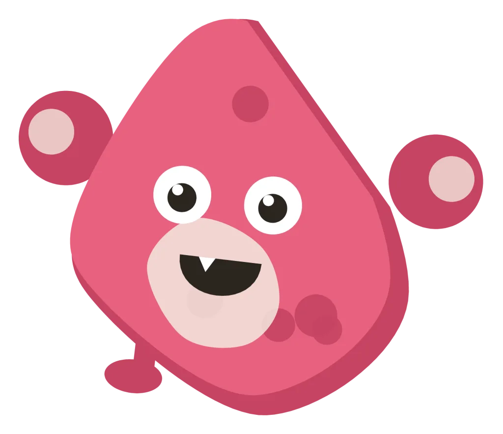 A pink Snip with round ears, darker spots over its shoulders and a grin with one small fang.