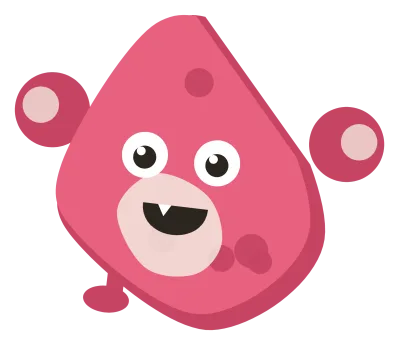 A pink Snip with round ears, darker spots over its shoulders and a grin with one small fang.
