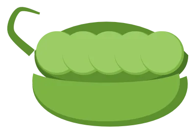 An open green pea pod with five round peas showing along the inside.