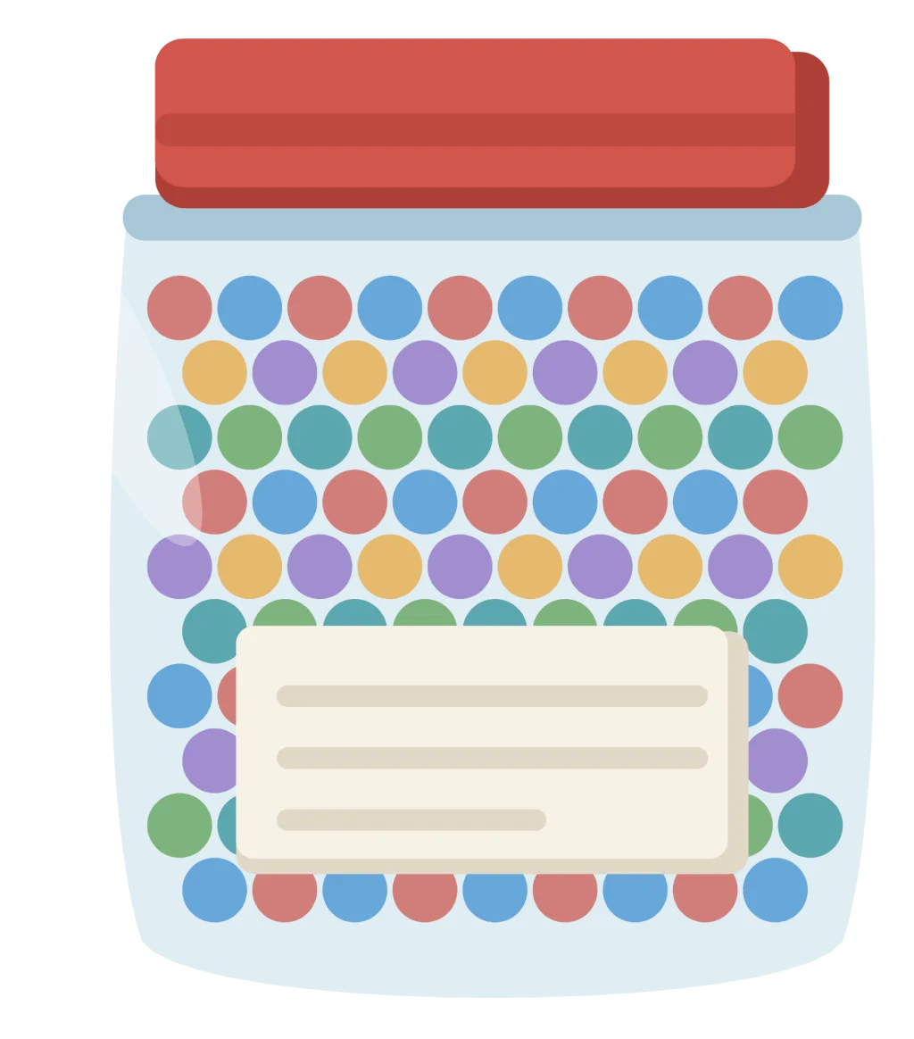 A glass jar filled with a hundred small collected things in mixed colours, with a label on the front.