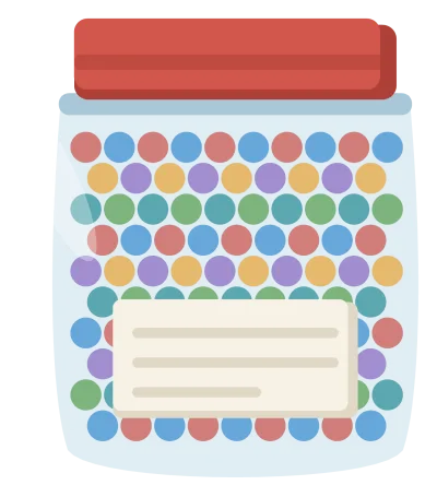 A glass jar filled with a hundred small collected things in mixed colours, with a label on the front.