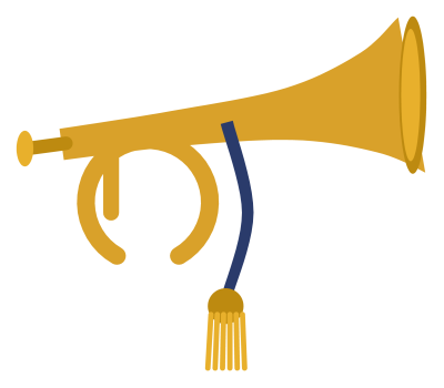 A brass bugle with a coiled tube, a flared bell and a knotted cord hanging from it.