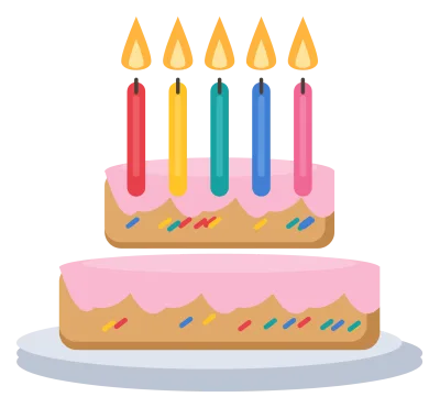 A two-tier birthday cake with pink frosting, sprinkles and five lit candles on a grey plate.