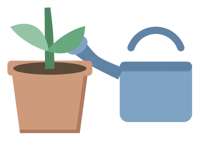 A small seedling with two leaves growing in a terracotta pot, with a watering can beside it.