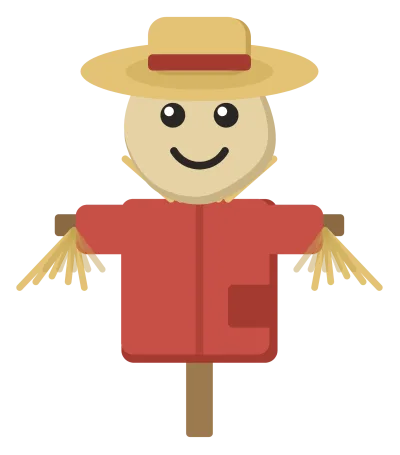 A scarecrow on a post, wearing a straw hat and a patched red shirt, with straw at the cuffs and collar.