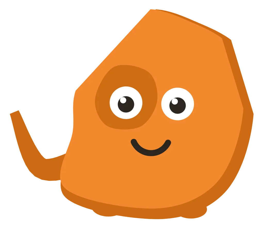 An orange Snip with a darker patch marking one eye and a tail hooked up behind it.
