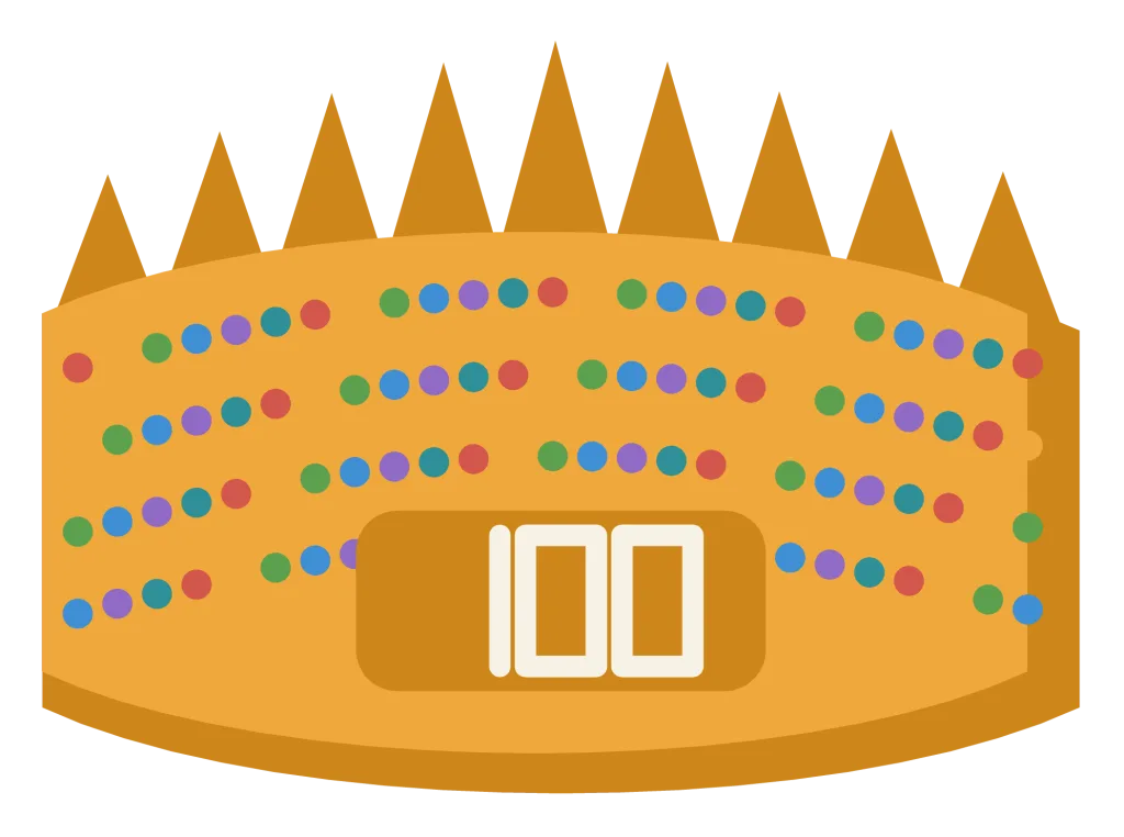 A paper crown with a hundred small dots across the band, reading 100 at the front.