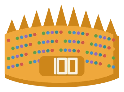A paper crown with a hundred small dots across the band, reading 100 at the front.