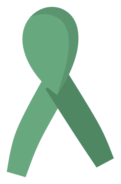 A green awareness ribbon looped and pinned, with the two tails crossing below the loop.