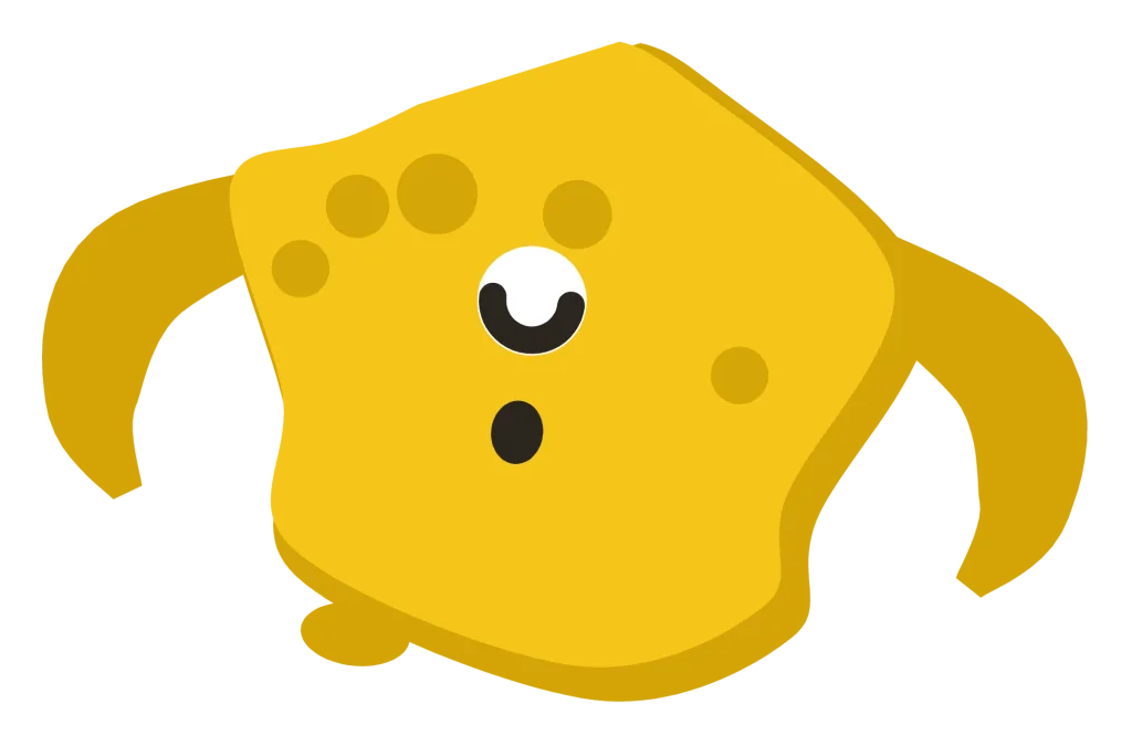 A yellow Snip with one closed eye, floppy ears and darker spots scattered across its back.