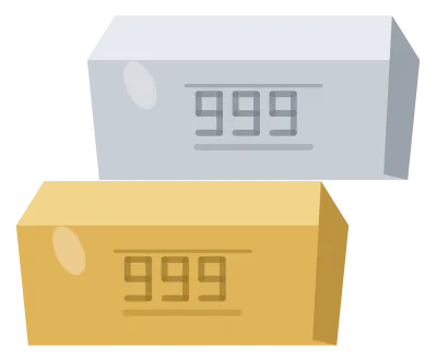 A gold bullion bar and a silver one side by side, the gold one slightly in front.