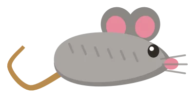 A grey toy mouse with oversized pink ears, a stitched nose and a curling string tail.
