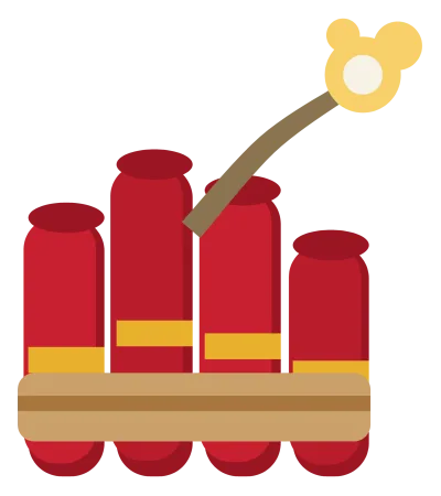 A bundle of red firecrackers tied together with a single lit fuse and a spark.