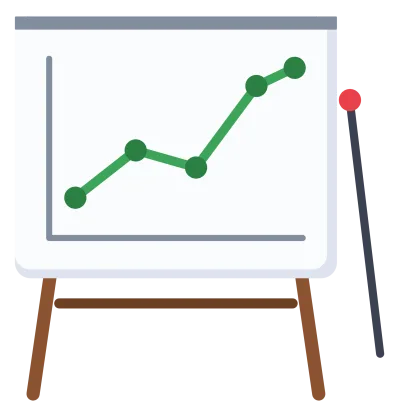 A presentation board on an easel showing a rising line chart, with a pointer beside it.