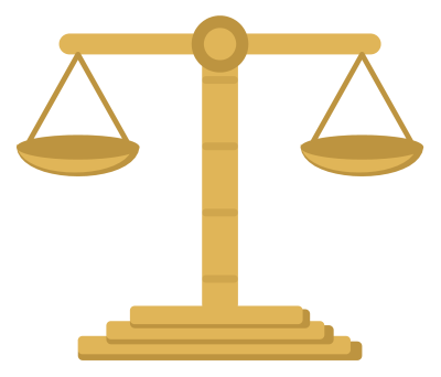 A brass balance with two pans hanging level from a central column on a stepped base.
