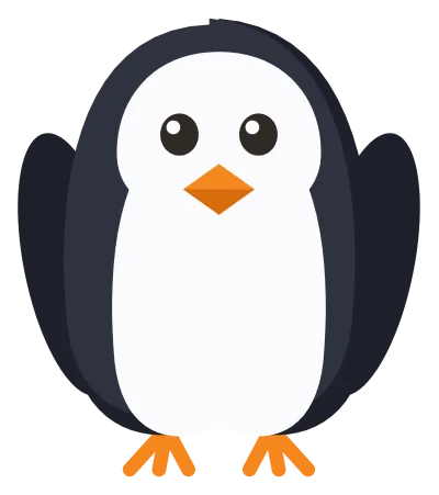 A black and white penguin standing head on with an orange beak, orange feet and flippers at its sides.