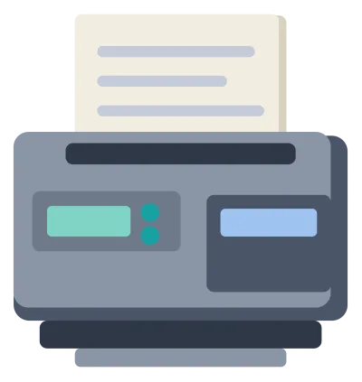 A grey office printer with a sheet of paper feeding out of the top slot and a control panel.