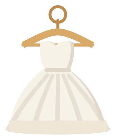A white wedding dress on a hanger, with a fitted bodice, a full skirt and a lace hem.
