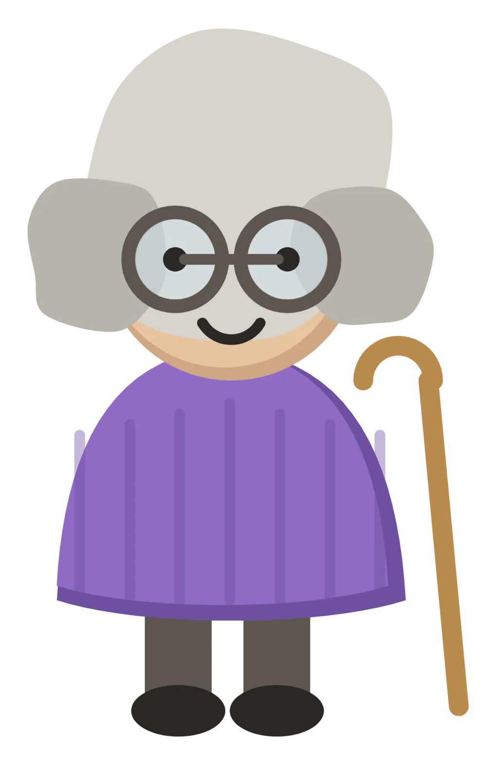 A child dressed as a hundred-year-old, with grey hair, round spectacles and a walking stick.