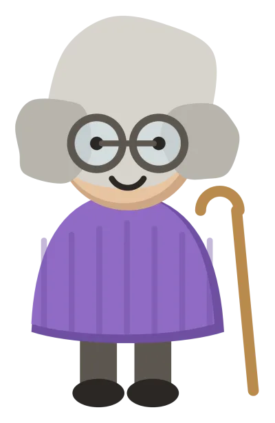A child dressed as a hundred-year-old, with grey hair, round spectacles and a walking stick.