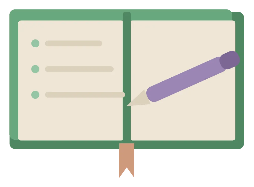 An open journal with three short ruled entries and a pen resting across the page.