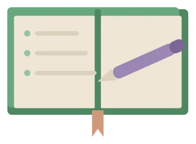 An open journal with three short ruled entries and a pen resting across the page.