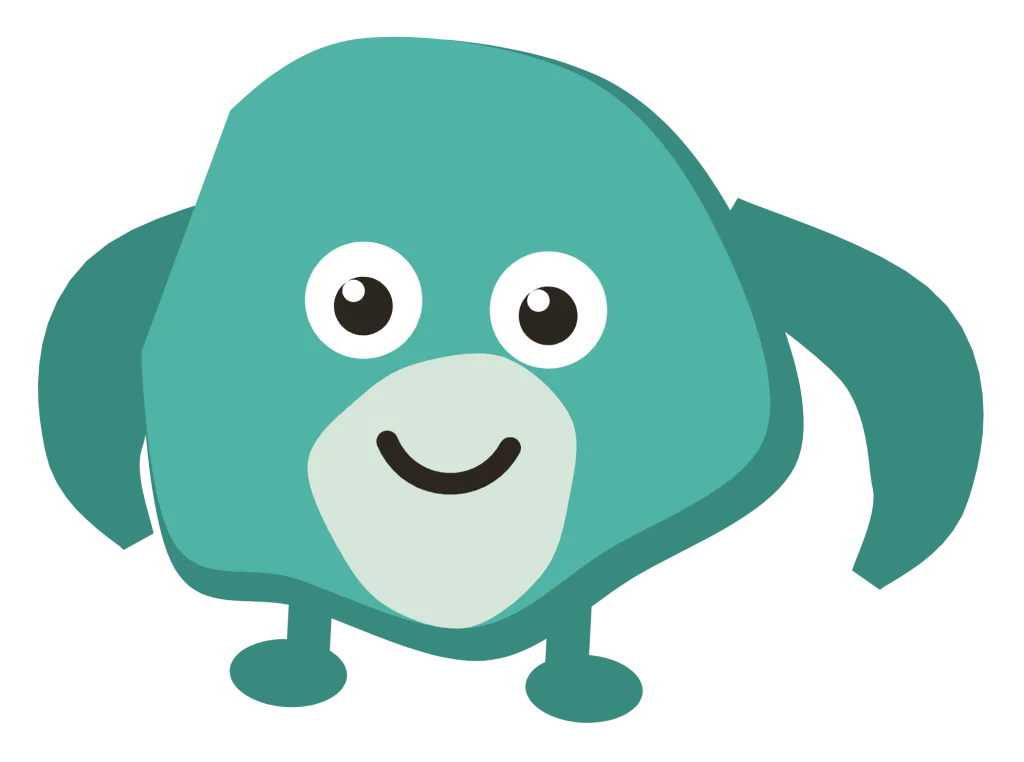 A teal Snip with soft floppy ears, a pale belly and a small contented smile.