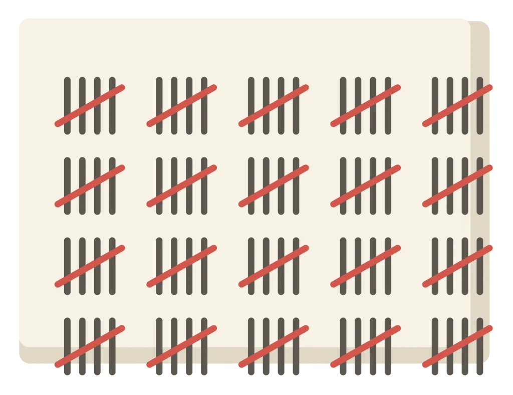 A hundred tally marks in twenty groups of five, ruled across a sheet in rows.