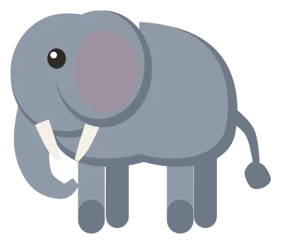 A grey elephant in side view with a curled trunk, a large ear and small white tusks.