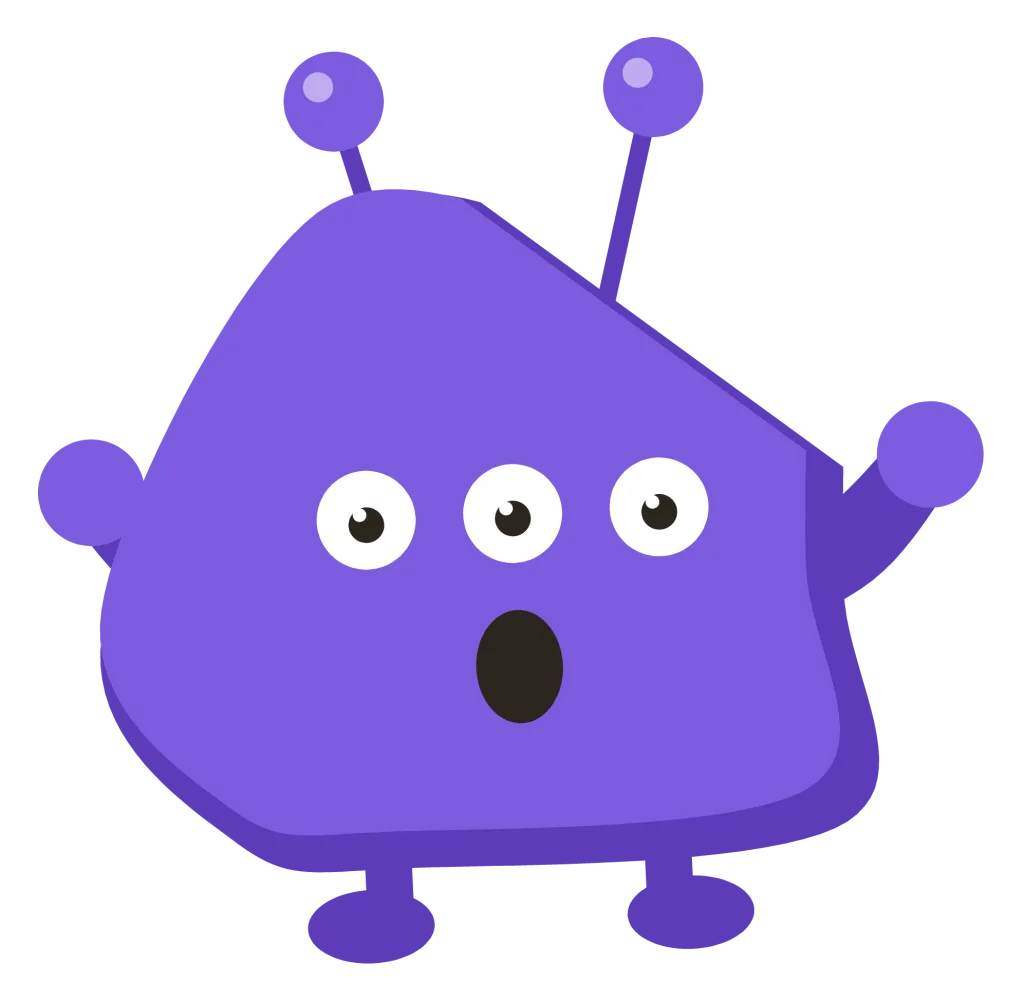 A purple Snip with three eyes, two antennae and both arms out, its round mouth open in surprise.