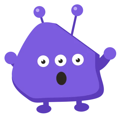 A purple Snip with three eyes, two antennae and both arms out, its round mouth open in surprise.