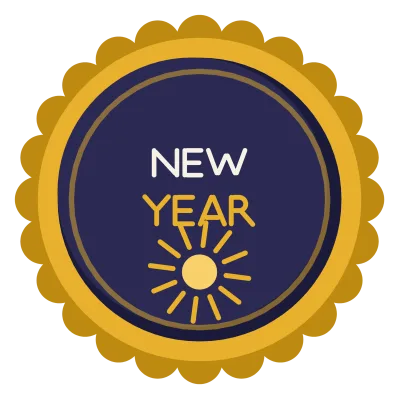 A round gold badge with a scalloped rim reading New Year in two lines above a starburst.