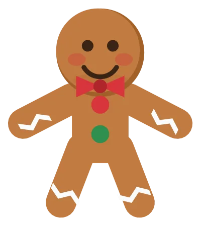 A smiling gingerbread man with white icing trim, two red buttons and a red bow tie.