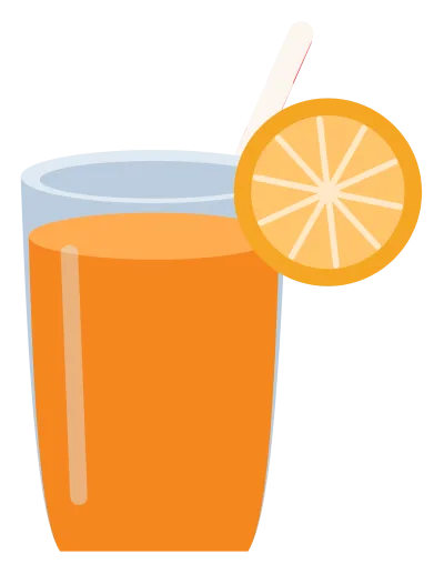 A tall glass of orange juice with a striped straw and a slice of orange on the rim.