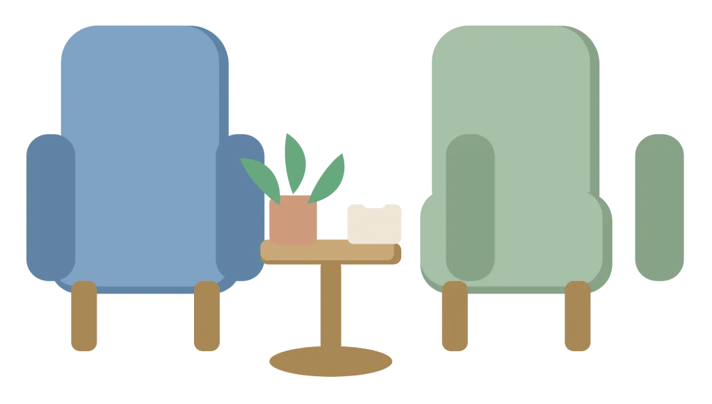 Two armchairs facing each other across a small table with a plant and a box of tissues.