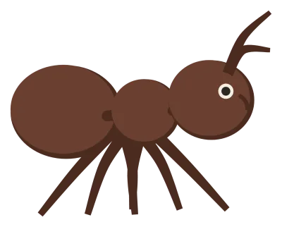 A dark red ant in side view, with three clearly separated body segments, six legs and bent antennae.